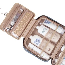 NISHEL Travel Toiletry Bag for women, Portable Hanging Organizer for Full-Sized Shampoo, Conditioner, Brushes Set, Makeup Accessories, Large Size, Aegean-Blue