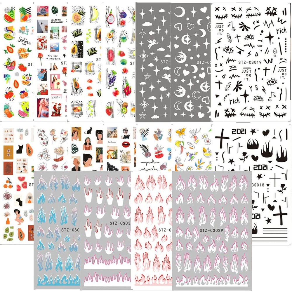 18 Sheets Nail Art Stickers Colorful Flame Flowers Moon Star Fruit Sexy Girls Nail Decals Nail Art Adhesive Sticker Design 3D Nail Art Supplies for Acrylic Nails Decoration Women Manicure Tips Charms 18 Sheets Nail Art Stickers Colorful Flame Flowers Moon Star Fruit Sexy Girls Nail Decals Nail Art Adhesive Sticker Design 3D Nail Art Supplies for Acrylic Nails Decoration Women Manicure Tips Charms
