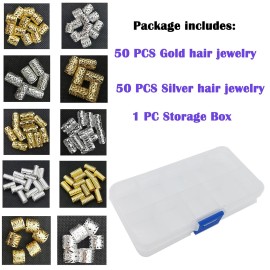 100 PCS Gold Hair Cuffs Hair Beads for Girls Silver Hair Jewelry for Braids Accessories, Flosius Hair Charms for Braids Dreadlock Accessories Loc Jewelry for Black Women