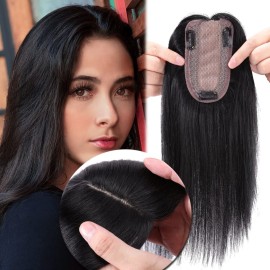 MY-LADY Human Hair Toppers for Women Real Human Hair Thin 7 * 13CM Silk Base with Lace Clip in Remy Hairpieces 150% Density 10 Inch Jet Black