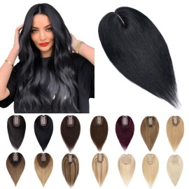 SEGO Human Hair Toppers for Women With Thinning Hair, 7 * 13CM Silk Base 100% Real Human Hair Clip in Top Wiglet Hairpieces -12 Inch No Bangs Jet Black
