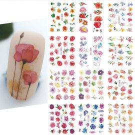 queenfoot Flower Nail Art Stickers Decals Summer Nail Decorations Blooming Flower Nail Stickers Decals Water Summer Sliders Chrysanthemum Peony Design for Manicure 12 Sheets 12 Count Pack of 1