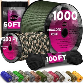 TECEUM Paracord Type IV 750 lb Black 016 - 100 ft - 4mm - 100% Nylon Strong Tactical MIL-SPEC Parachute Cord - Survival Rope Emergency para Cord 11 Strands Core EDC Camping Hiking Military Gear 016a