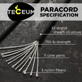 TECEUM Paracord Type IV 750 lb Black 016 - 100 ft - 4mm - 100% Nylon Strong Tactical MIL-SPEC Parachute Cord - Survival Rope Emergency para Cord 11 Strands Core EDC Camping Hiking Military Gear 016a