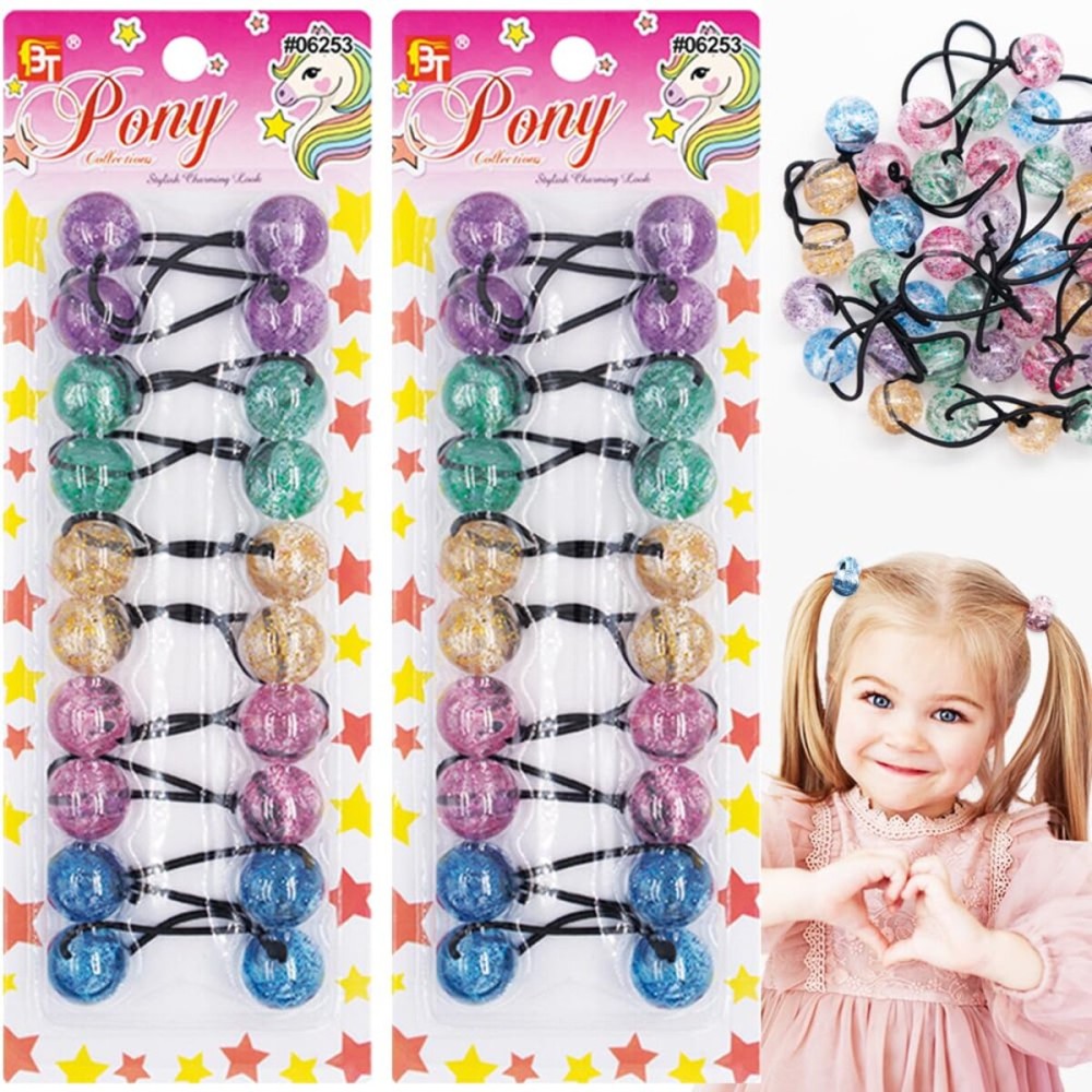 Beauty Town 20PCS Glitter Bubble Bead Hair Ties - 20mm Ponytail Holders for Girls & Kids - Colorful Hair Elastics for Braids & Styles (Assorted)