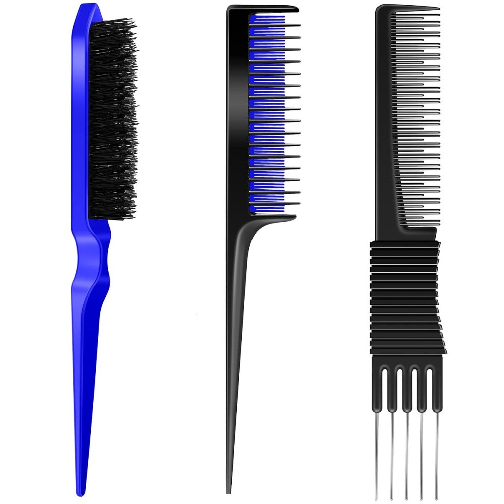 3 Pieces Pick Teasing Combs Hair Brush Set Includes Black Carbon Lift with Metal Prong, Triple Pin Rat Tail Comb, Nylon Bristle Hair Brush for Women(Black, Blue)