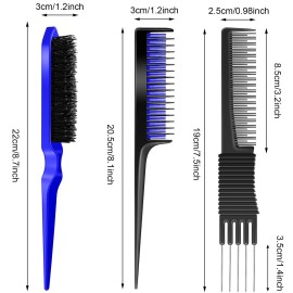 3 Pieces Pick Teasing Combs Hair Brush Set Includes Black Carbon Lift with Metal Prong, Triple Pin Rat Tail Comb, Nylon Bristle Hair Brush for Women(Black, Blue)