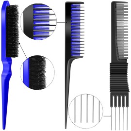3 Pieces Pick Teasing Combs Hair Brush Set Includes Black Carbon Lift with Metal Prong, Triple Pin Rat Tail Comb, Nylon Bristle Hair Brush for Women(Black, Blue)