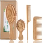 Bamboo Hair Brush and Comb Set - Eco-Friendly Anti-Static Detangling Brush and Combs for Women and Men, Massage Wooden Brushes for Thick, Thin, Curly, Straight, Dry or Wet Hair