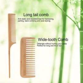 Bamboo Hair Brush and Comb Set - Eco-Friendly Anti-Static Detangling Brush and Combs for Women and Men, Massage Wooden Brushes for Thick, Thin, Curly, Straight, Dry or Wet Hair