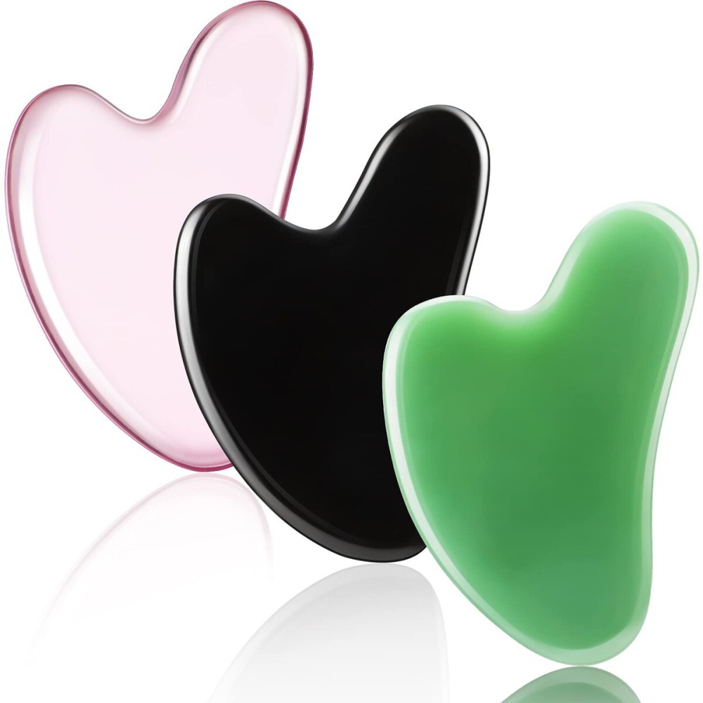 Nuanchu 3 Pieces Gua Sha Facial Tool Natural Resin Stone Board Scraping Facial Massage Gua Sha Scraping Massage Tool for Face, Skin Body Muscle Relaxing Tools(Pink, Dark Green, Black)