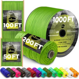TECEUM Paracord Type III 550 Fluo Green - 100 ft - 4mm - Tactical Rope MIL-SPEC - Outdoor para Cord -Camping Hiking Fishing Gear and Equipment - EDC Parachute Cord - Strong Survival Rope 017
