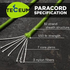 TECEUM Paracord Type III 550 Fluo Green - 100 ft - 4mm - Tactical Rope MIL-SPEC - Outdoor para Cord -Camping Hiking Fishing Gear and Equipment - EDC Parachute Cord - Strong Survival Rope 017