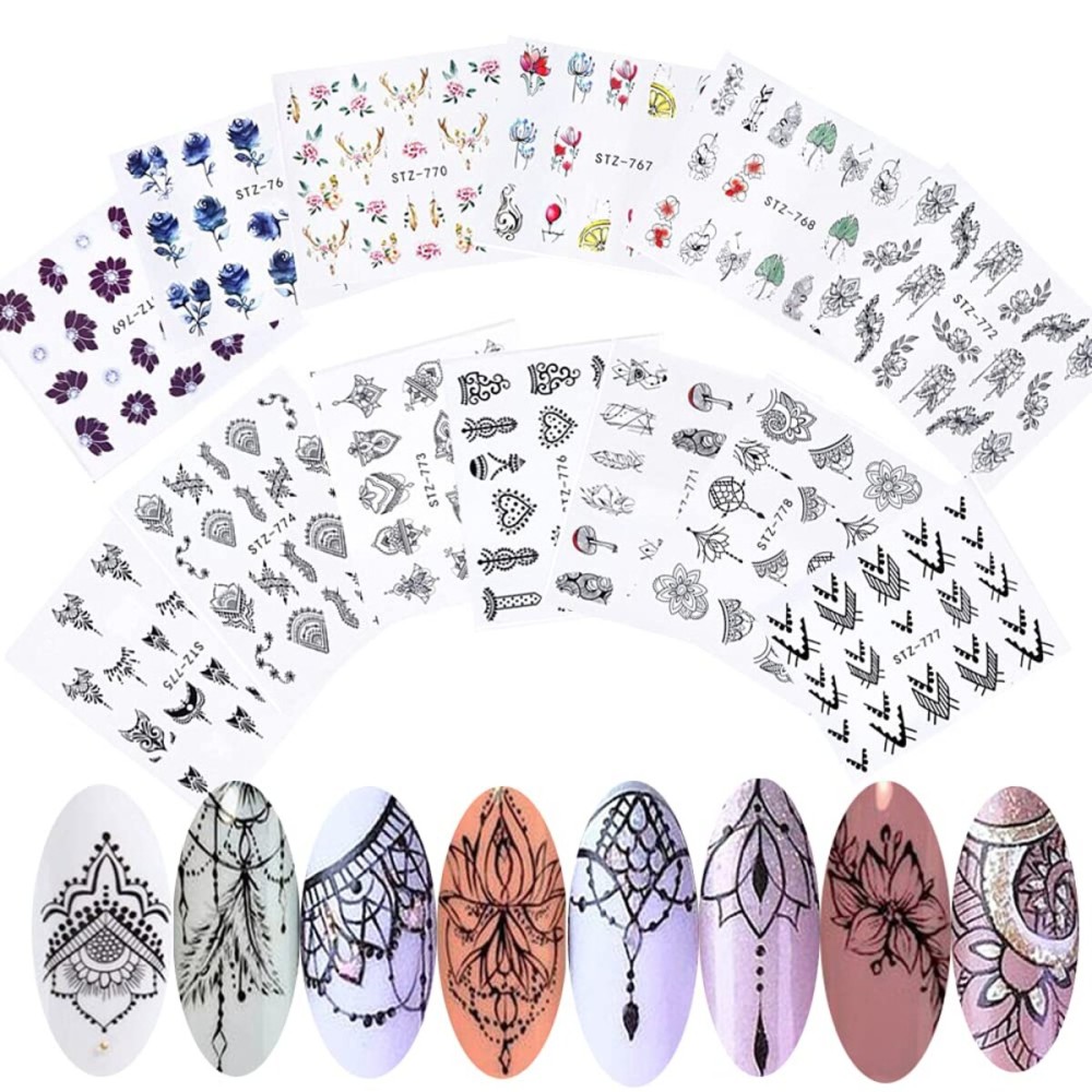 13 Sheets Black Nail Stickers Boho Retro Nail Decals Black Nail Tattoos Water Transfer Nail Decals Nails Supply Necklace Jewelry Feather Nail Design for Women Nail Art DIY Decoration 13 Sheets Black Nail Stickers Boho Retro Nail Decals Black Nail Tattoos Water Transfer Nail Decals Nails Supply Necklace Jewelry Feather Nail Design for Women Nail Art DIY Decoration