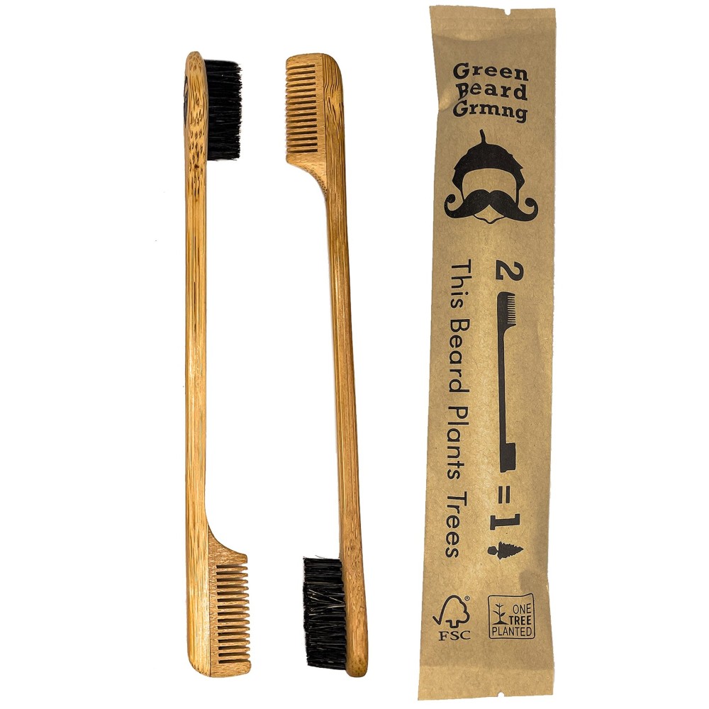 2-in-1 Sapling Mustache Brush & Comb (2-pack) from Green Beard Grmng - Boar Bristle & Bamboo