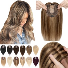 SEGO Hair Toppers for Women Real Human Hair No Bangs, 130% Density 10 * 12CM Silk Base Remy Clip in Top Wiglet Hairpieces Add Volume-6 Inch Medium Brown&Dark Blonde