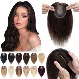 SEGO Hair Toppers for Women Real Human Hair No Bangs, 130% Density 10 * 12CM Silk Base Remy Clip in Top Wiglet Hairpieces Add Volume-14 Inch Dark Brown