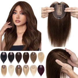 SEGO Hair Toppers for Women Real Human Hair No Bangs, 130% Density 10 * 12CM Silk Base Remy Clip in Top Wiglet Hairpieces Add Volume-10 Inch Medium Brown