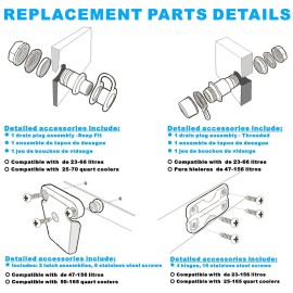 Cooler Replacement Parts Kit, Ice Chest Plastic Hinges, Latch Posts, and Screws, Threaded, and Triple-Snap Drain Plug. The Best Option for Repairing and Replacing Multiple Cooler Parts.
