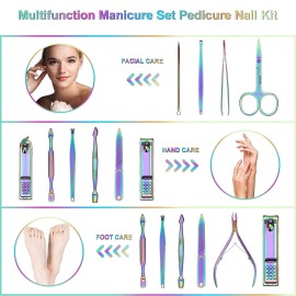 Manicure Set Nail Clippers Pedicure Kit - 12pcs Stainless Steel Nail Kit, Colorful Professional Nail Care Kit Nail Files & Scissors Tools for Hands Foot Facial - Pink