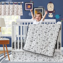 Brandream Milky Way Space Galaxy 6-Piece Baby Nursery Crib Bedding Set with Spaceship Rocket - Black White Gray Cotton