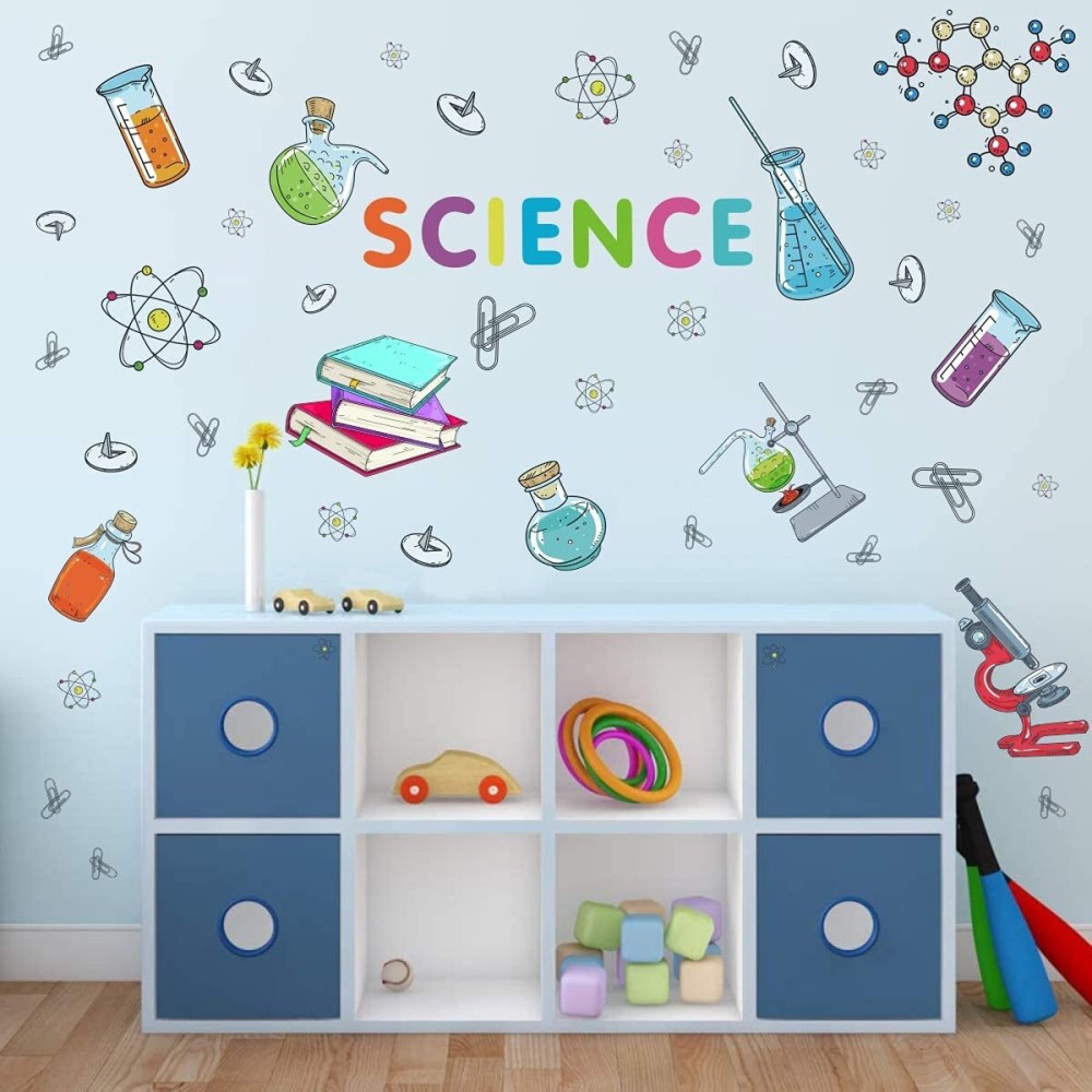 IARTTOP Colorful Student Science Laboratory Wall Decal, Chemical Apparatus Test Tube Book Microscope Wall Sticker, Biology Experiment Science Waterproof Decals for Classroom Nursery Wall Decoration.