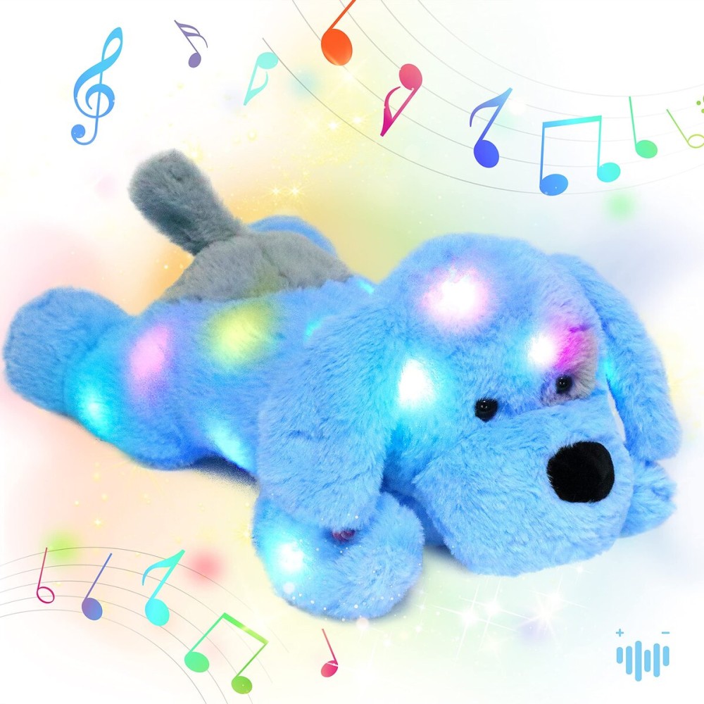 Hopearl LED Musical Stuffed Puppy Lighting Up Singing Plush Dog Adjustable Volume Lullaby Animated Soothe Birthday Festival for Kids Toddler Girls, Blue, 17\'\'