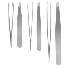 Iconikal Brushed Stainless Steel Tweezer Set - 12 Pack of Durable Precision Tweezers for Hair Removal - Mini Straight, Slanted & Angled Types Included