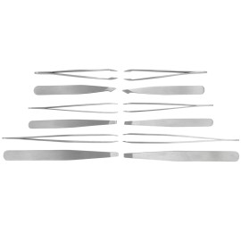 Iconikal Brushed Stainless Steel Tweezer Set - 12 Pack of Durable Precision Tweezers for Hair Removal - Mini Straight, Slanted & Angled Types Included