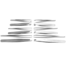 Iconikal Brushed Stainless Steel Tweezer Set - 12 Pack of Durable Precision Tweezers for Hair Removal - Mini Straight, Slanted & Angled Types Included