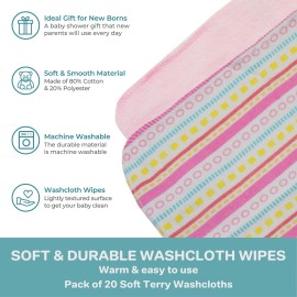 Spasilk Washcloth Wipes Set for Newborn Boys & Girls, Soft Terry Washcloth Set, Pack of 20, Pink Lines, 20 Pack
