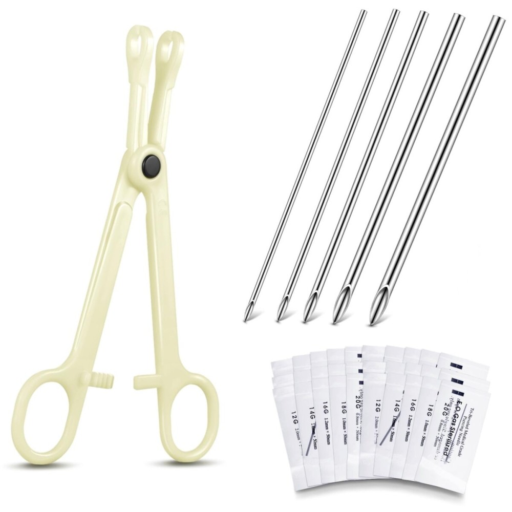Honoson 100 Pcs Ear Nose Body Piercing Needles Mix Size 12G 14G 16G 18G 20G Stainless Steel Piercing Jewelry Kit and 1 Pcs Slotted Locking Pennington Forceps for Kit Supplies