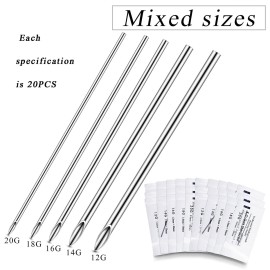 Honoson 100 Pcs Ear Nose Body Piercing Needles Mix Size 12G 14G 16G 18G 20G Stainless Steel Piercing Jewelry Kit and 1 Pcs Slotted Locking Pennington Forceps for Kit Supplies