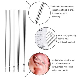 Honoson 100 Pcs Ear Nose Body Piercing Needles Mix Size 12G 14G 16G 18G 20G Stainless Steel Piercing Jewelry Kit and 1 Pcs Slotted Locking Pennington Forceps for Kit Supplies