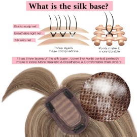 SEGO 100% Real Human Hair Toppers with Bangs,Silk Base 150% Density Clip in Topper Top 2.7x5.1 Hair Pieces for Women with Thinning Hair/Hair Loss Cover Gray Hair