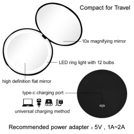Milishow Compact Mirror with LED Light,1x/10x Magnifying Rechargeable Mirror,3.5in, Dimmable Travel Mirror for Purse,Pocket,Handheld 2-Sided Makeup Mirror Milishow Compact Mirror with LED Light,1x/10x Magnifying Rechargeable Mirror,3.5in, Dimmable Travel Mirror for Purse,Pocket,Handheld 2-Sided Makeup Mirror
