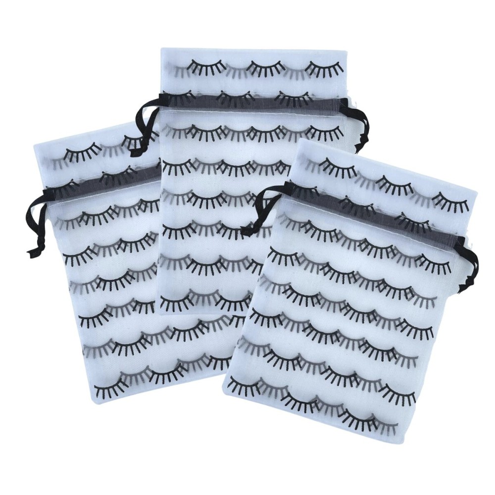 Boutique Marketing LLC Lash Print Organza Bag | 50 Pack | Size 5x7 inch inch | Lash Aftercare Kit Bag | White Bag with Black Simple Lash Print Design