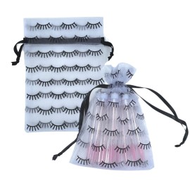 Boutique Marketing LLC Lash Print Organza Bag | 50 Pack | Size 5x7 inch inch | Lash Aftercare Kit Bag | White Bag with Black Simple Lash Print Design
