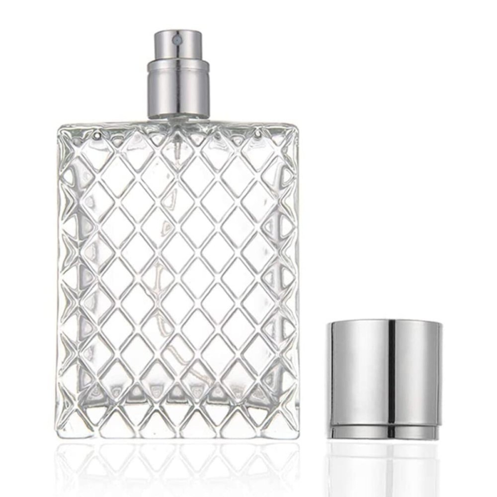 AKOAK 1 Pack 100ml 3.4 oz Square Grids Carved Perfume Bottles Refillable Spray Perfume Bottles Large Cosmetic Fine Mist Atomizer Empty Portabe Clear Glass Essential Oil Container for Travel