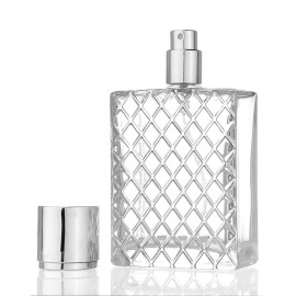AKOAK 1 Pack 100ml 3.4 oz Square Grids Carved Perfume Bottles Refillable Spray Perfume Bottles Large Cosmetic Fine Mist Atomizer Empty Portabe Clear Glass Essential Oil Container for Travel