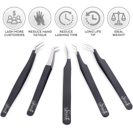 SIVOTE Eyelash Extension Tweezers for Classic & Volume Lashes, 5-Pack, Black