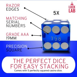 Luck Lab Black Leather Dice Stacking Cup with 5 Serialized Razor Edge 19 mm Casino Dice - Pro Straight Cup for Stacking and Magic Tricks (Blue Dice)