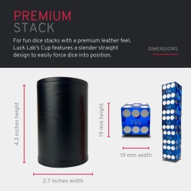 Luck Lab Black Leather Dice Stacking Cup with 5 Serialized Razor Edge 19 mm Casino Dice - Pro Straight Cup for Stacking and Magic Tricks (Blue Dice)
