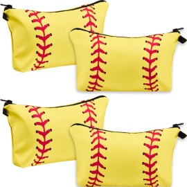4 Pieces Sport Makeup Bags Sport Cosmetic Bags Sport Pouch Bag Travel Portable Travel Toiletry Bag for Women, Team Player (Yellow,Softball)