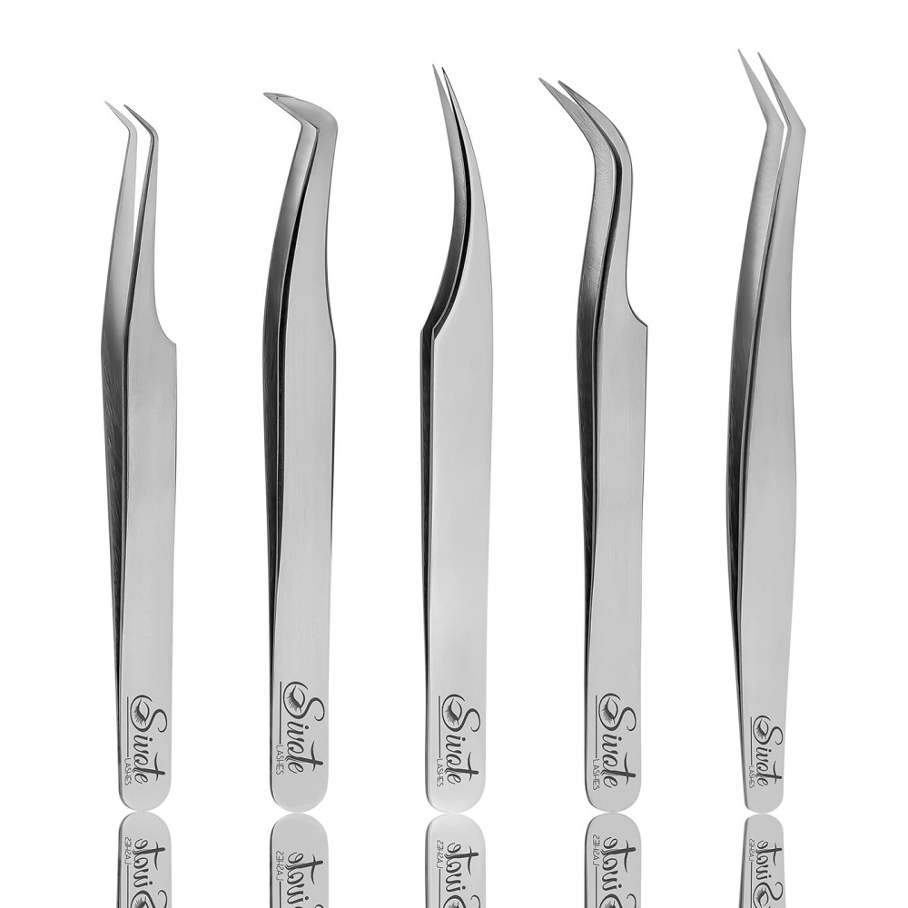 SIVOTE Eyelash Extension Tweezers for Classic & Volume Lashes, 5-Pack, Silver