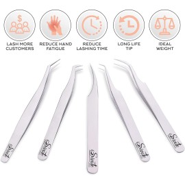 SIVOTE Eyelash Extension Tweezers for Classic & Volume Lashes, 5-Pack, Silver