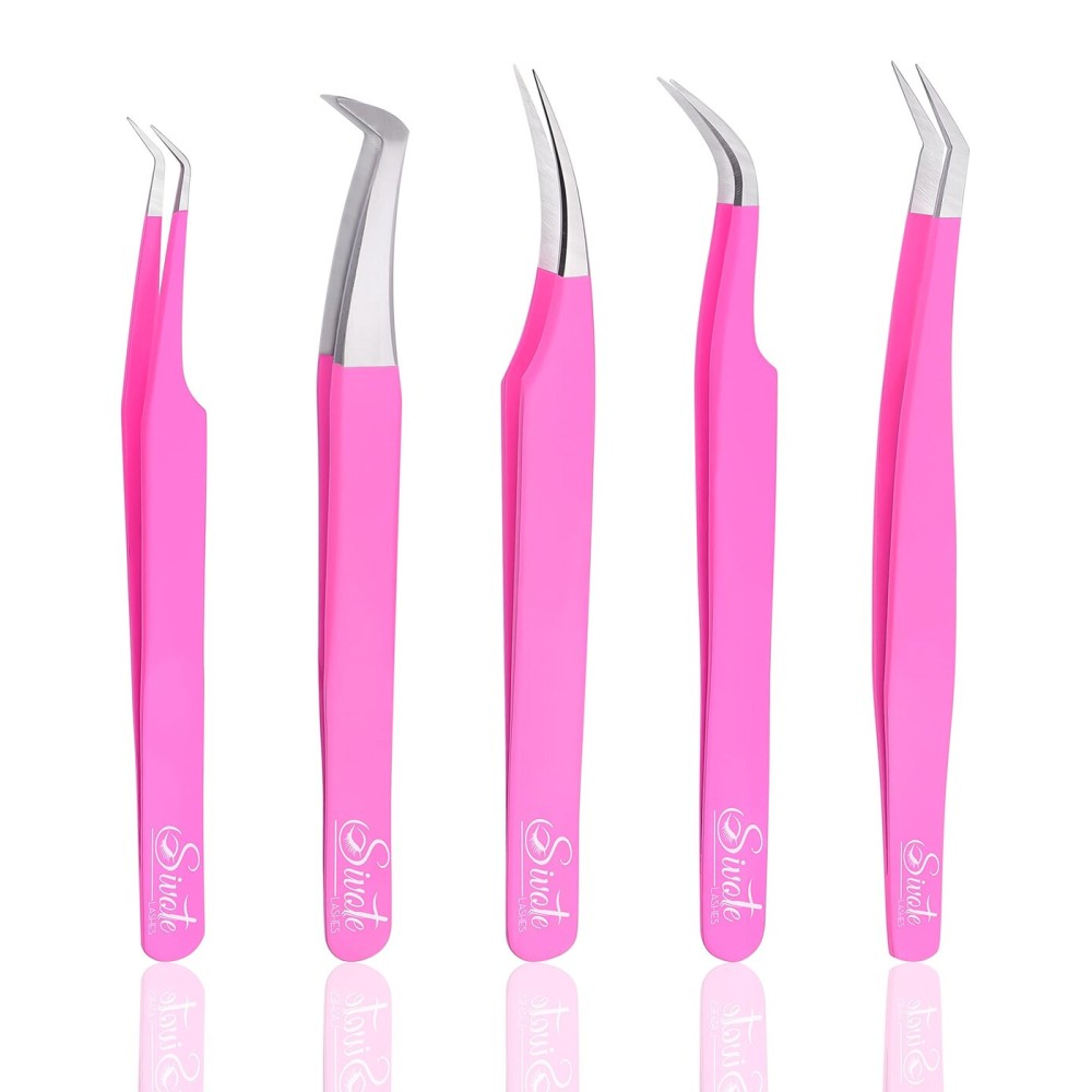 SIVOTE Eyelash Extension Tweezers for Classic & Volume Lashes, 5-Pack, Pink