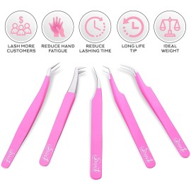 SIVOTE Eyelash Extension Tweezers for Classic & Volume Lashes, 5-Pack, Pink