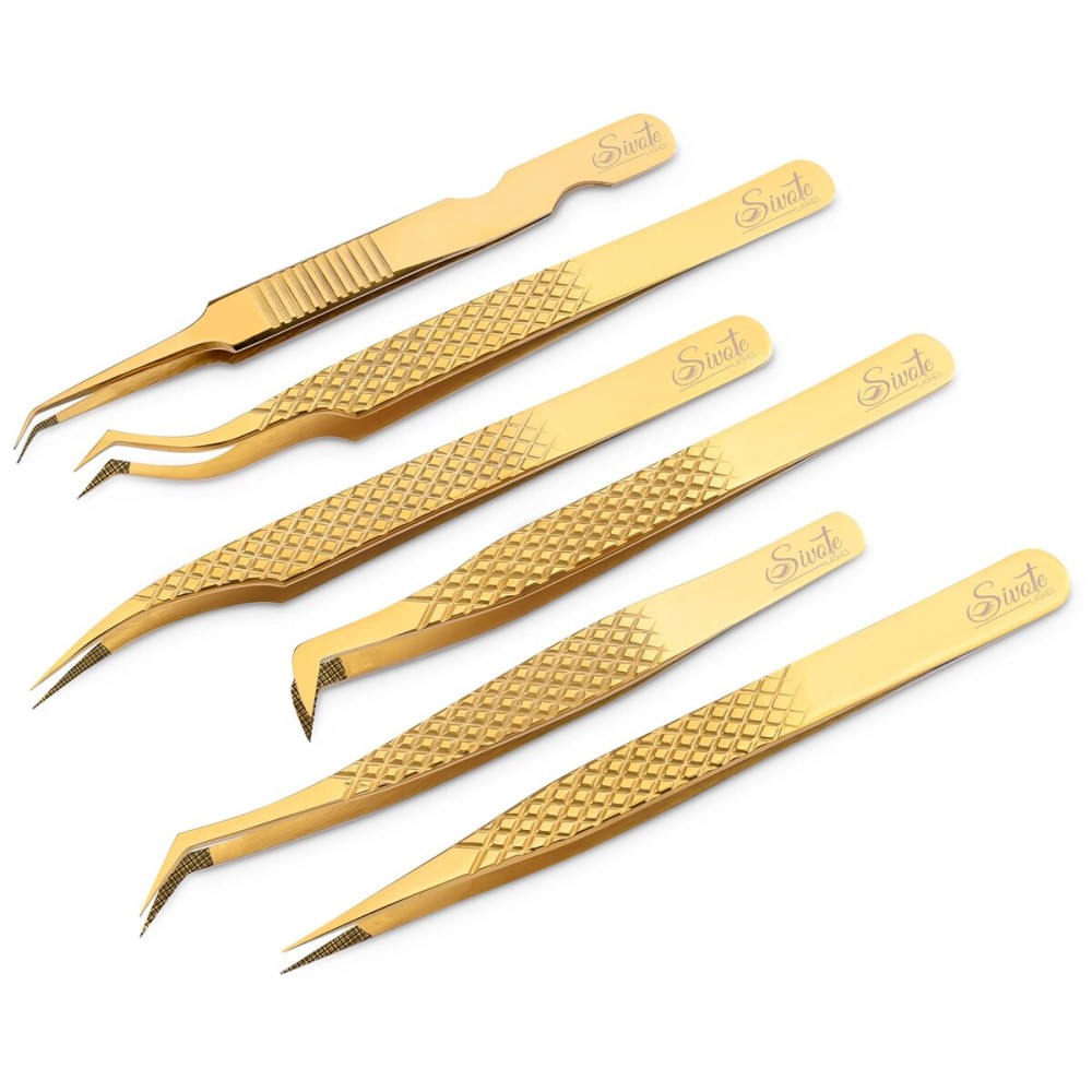 SIVOTE Eyelash Extension Tweezers Fiber Tips Japanese Steel, Set of 6 - Curved, Dolphin, 90 45 Volume Boot & Slight Curved Tweezer - Professional Lash Tweezers for Lash Extensions Gold