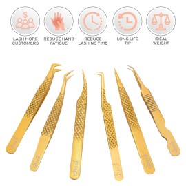 SIVOTE Eyelash Extension Tweezers Fiber Tips Japanese Steel, Set of 6 - Curved, Dolphin, 90 45 Volume Boot & Slight Curved Tweezer - Professional Lash Tweezers for Lash Extensions Gold